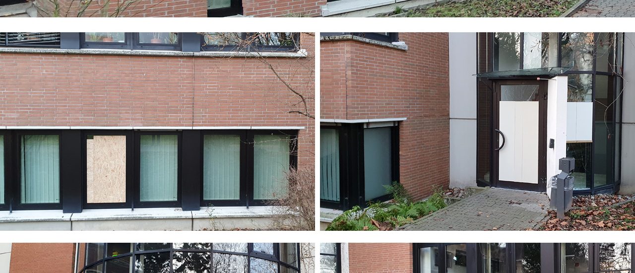 Kollage des Vandalismus am Eschborner Rathaus